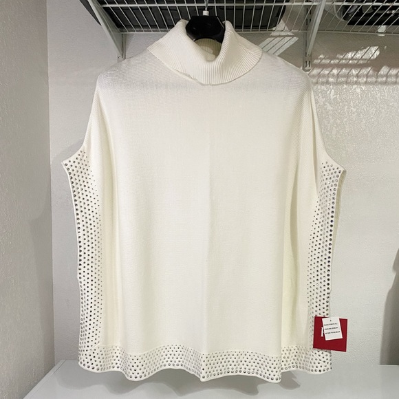 Reba Sweaters - Reba Embellished Ribbed Knit Turtleneck Poncho